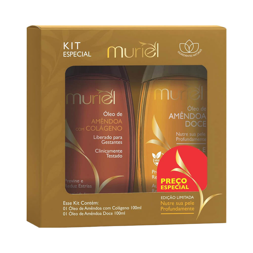 Kit Muriel Óleos Amêndoa com Colágeno + Amêndoa Doce em embalagem dourada com frascos transparentes